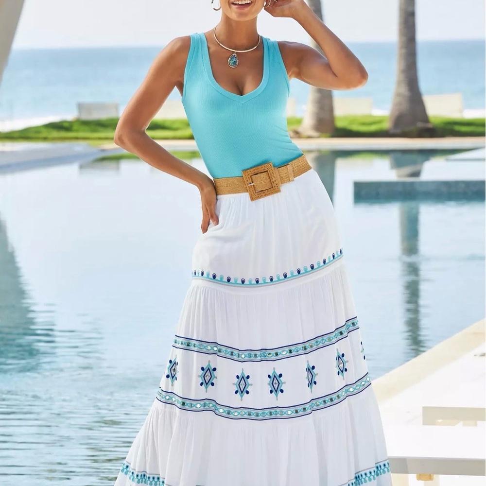 Boston Proper Mirror Embellished + Embroidered White and Blue Women's Maxi Skirt